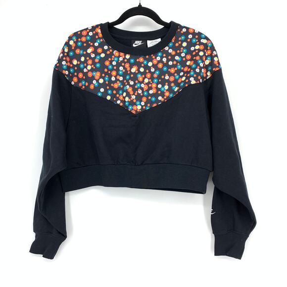 Nike Cropped Heritage Floral Print Crew Neck Sweatshirt Womens Sz Medium Black - Picture 1 of 6